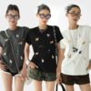 Women's Summer Vintage American Style Playful Puppy Embroidery Casual Short Sleeve T-shirt