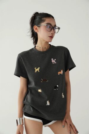 Women's Summer Vintage American Style Playful Puppy Embroidery Casual Short Sleeve T-shirt