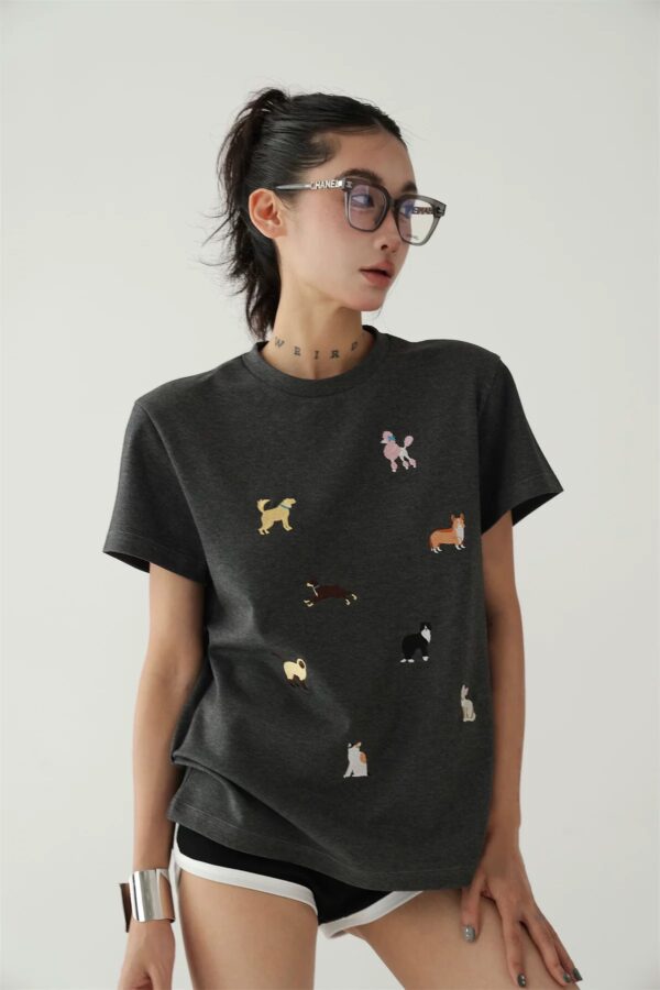 Women's Summer Vintage American Style Playful Puppy Embroidery Casual Short Sleeve T-shirt