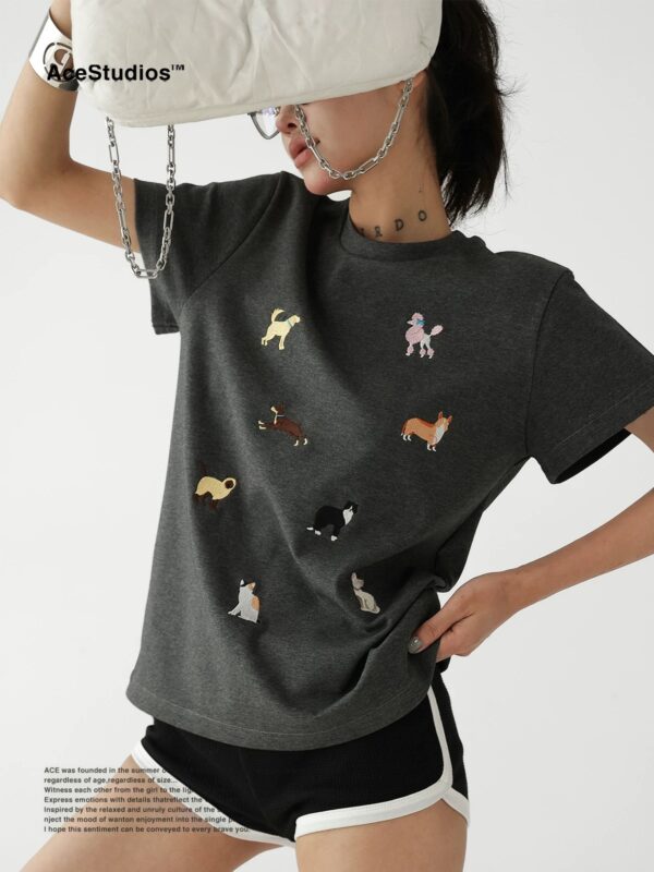 Women's Summer Vintage American Style Playful Puppy Embroidery Casual Short Sleeve T-shirt